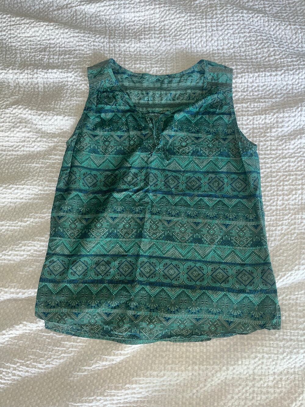 Kuhl Silk Cotton Sleeveless Top Teal Turquoise Aztec Boho Print Relaxed